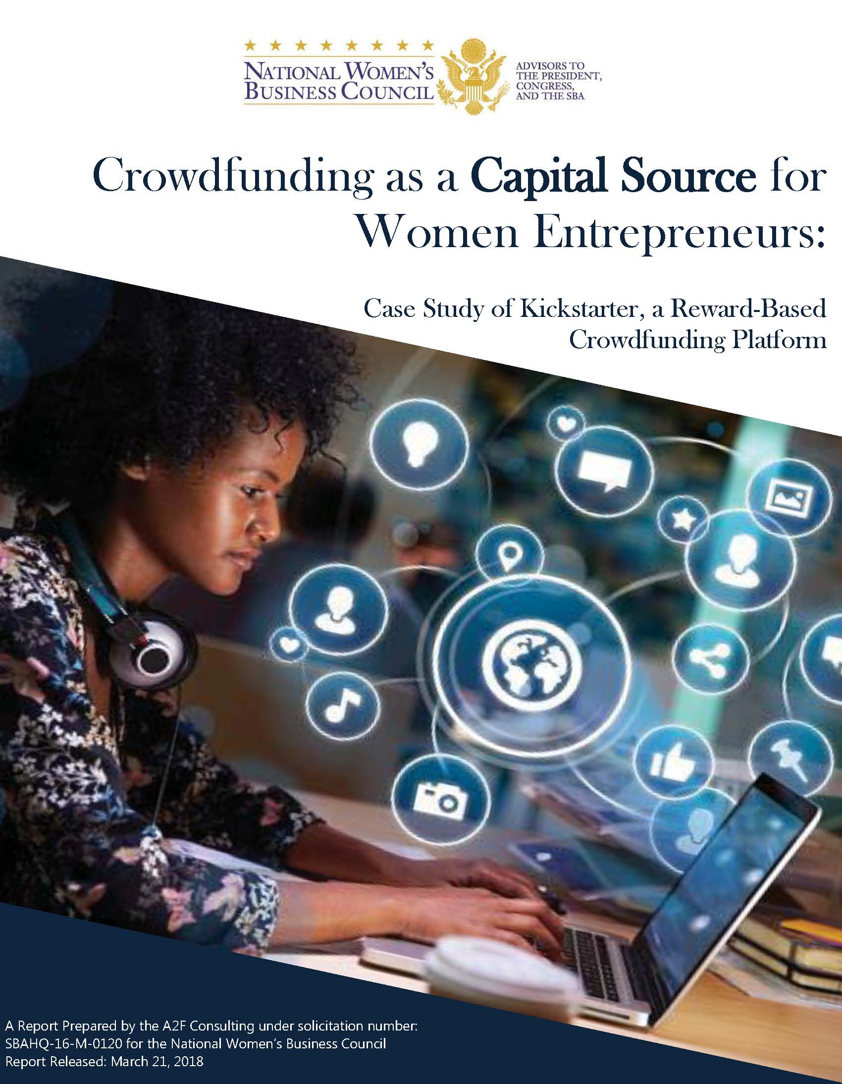Crowdfunding - A woman working on a laptop and with head phones around her neck.